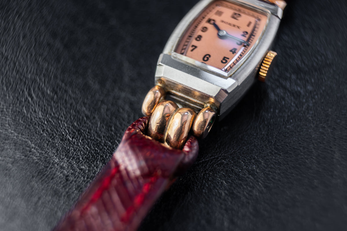 Rolex Tonneau Cocktail | Pink Salmon Dial | Manual Wind Movement | Bordeaux Red Leather Strap