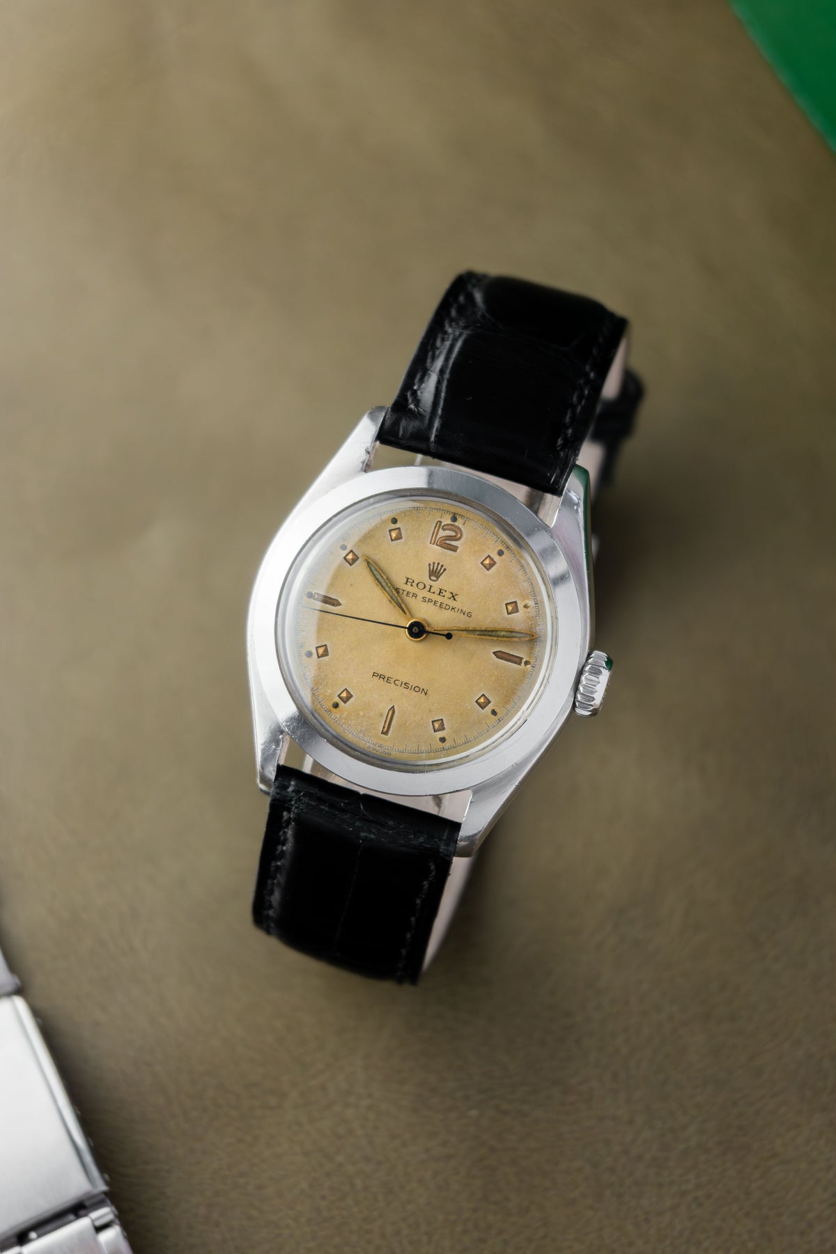 Rolex Oyster Speedking 30 Ref. 6020 | Black Leather Strap + Vintage RM Rivet Bracelet | Patina Swiss Dial | Sunken Hour Marks | 1952