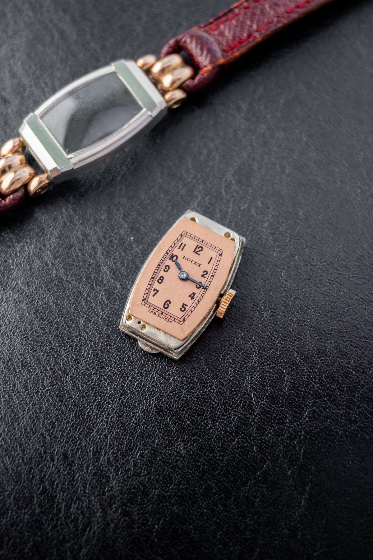 Rolex Tonneau Cocktail | Pink Salmon Dial | Manual Wind Movement | Bordeaux Red Leather Strap