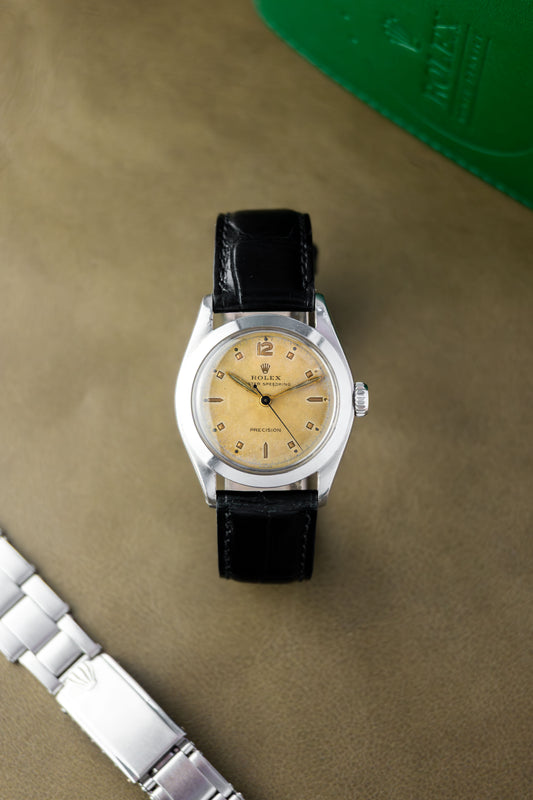 Rolex Oyster Speedking 30 Ref. 6020 | Black Leather Strap + Vintage RM Rivet Bracelet | Patina Swiss Dial | Sunken Hour Marks | 1952