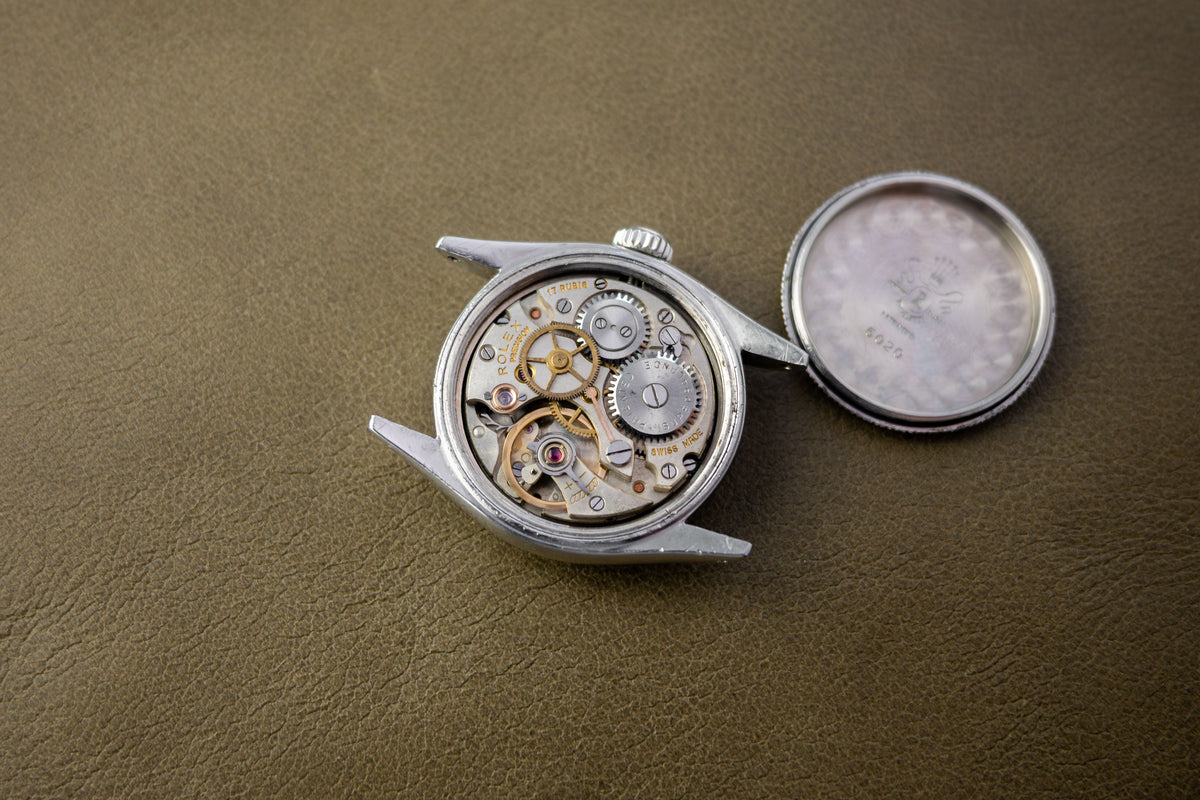 Rolex Oyster Speedking 30 Ref. 6020 | Black Leather Strap + Vintage RM Rivet Bracelet | Patina Swiss Dial | Sunken Hour Marks | 1952