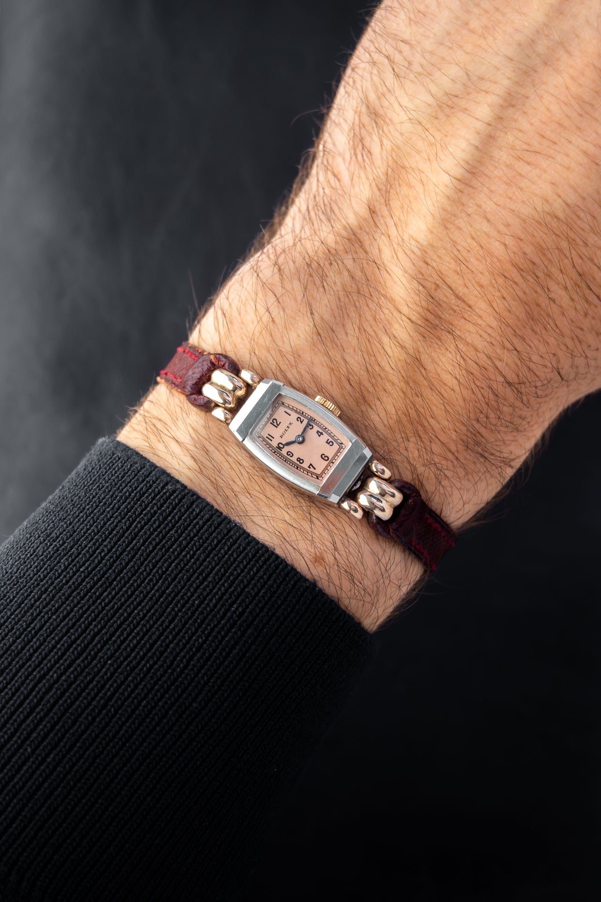 Rolex Tonneau Cocktail | Pink Salmon Dial | Manual Wind Movement | Bordeaux Red Leather Strap
