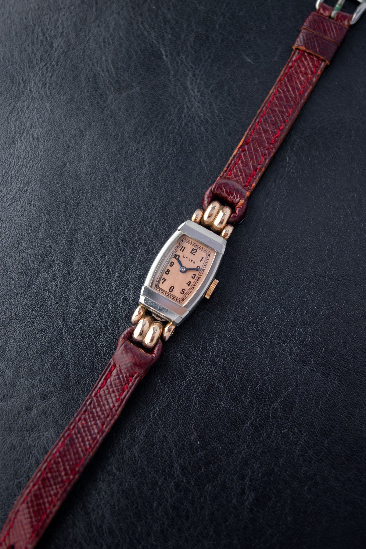 Rolex Tonneau Cocktail | Pink Salmon Dial | Manual Wind Movement | Bordeaux Red Leather Strap