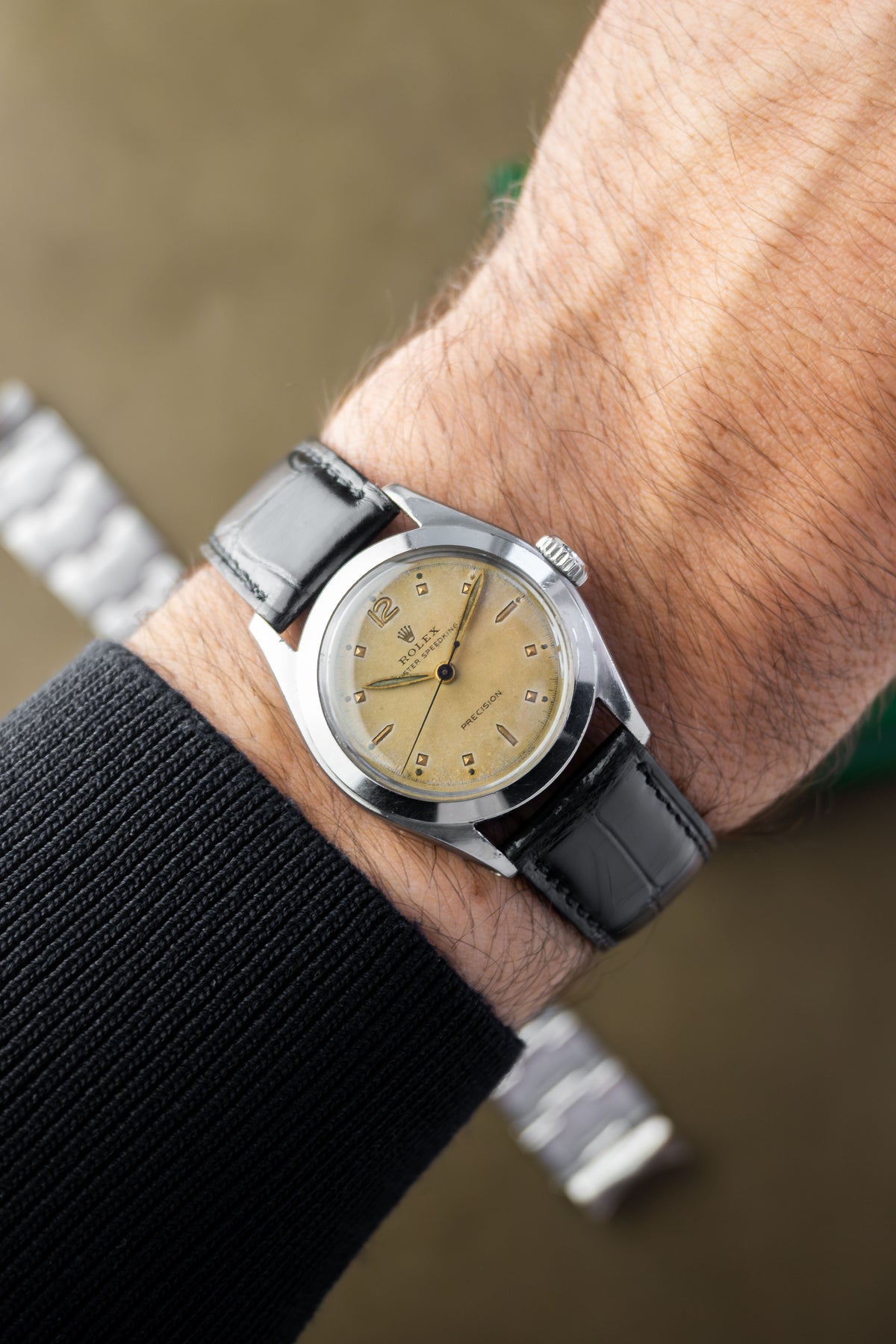 Rolex Oyster Speedking 30 Ref. 6020 | Black Leather Strap + Vintage RM Rivet Bracelet | Patina Swiss Dial | Sunken Hour Marks | 1952