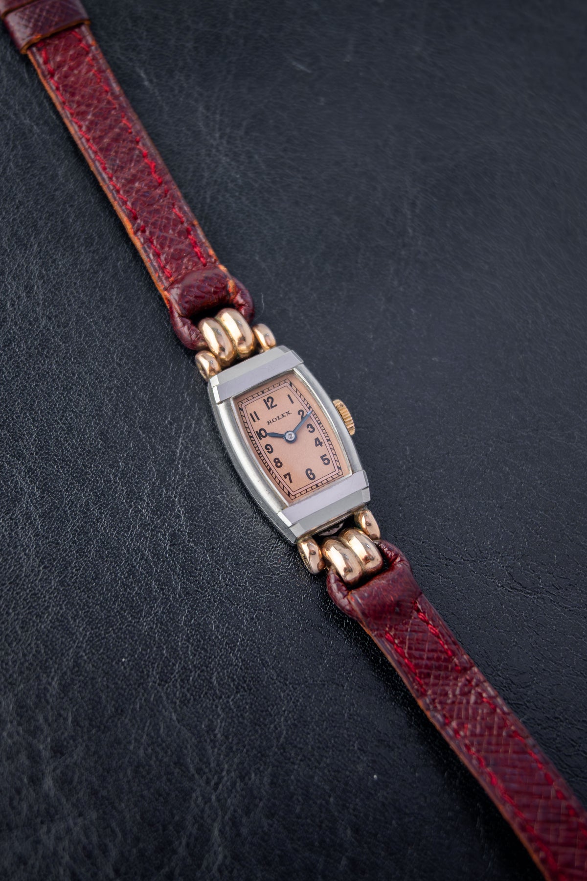 Rolex Tonneau Cocktail | Pink Salmon Dial | Manual Wind Movement | Bordeaux Red Leather Strap
