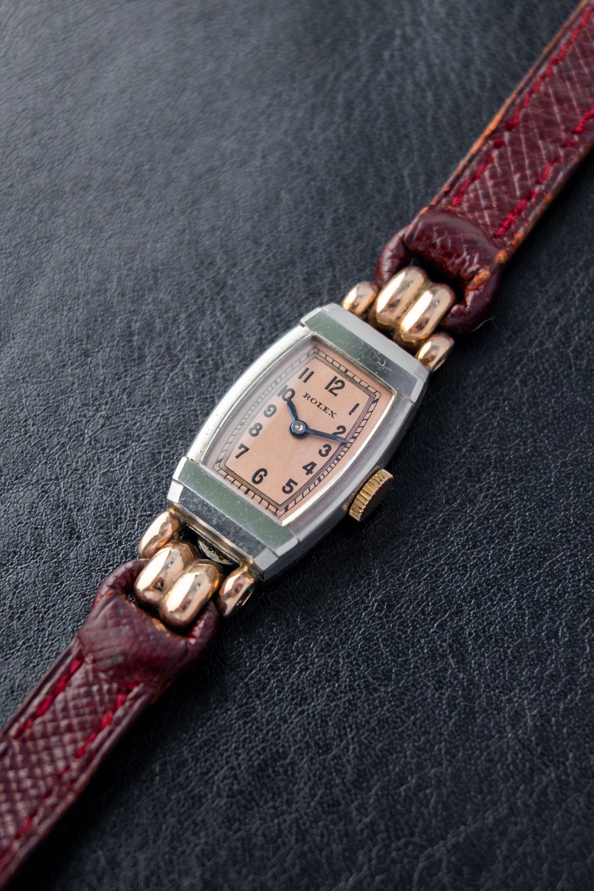 Rolex Tonneau Cocktail | Pink Salmon Dial | Manual Wind Movement | Bordeaux Red Leather Strap
