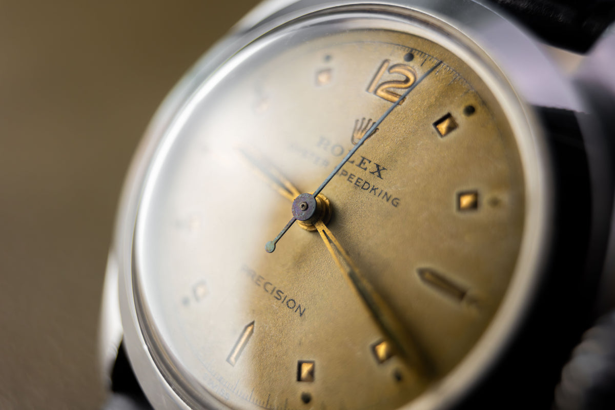 Rolex Oyster Speedking 30 Ref. 6020 | Black Leather Strap + Vintage RM Rivet Bracelet | Patina Swiss Dial | Sunken Hour Marks | 1952
