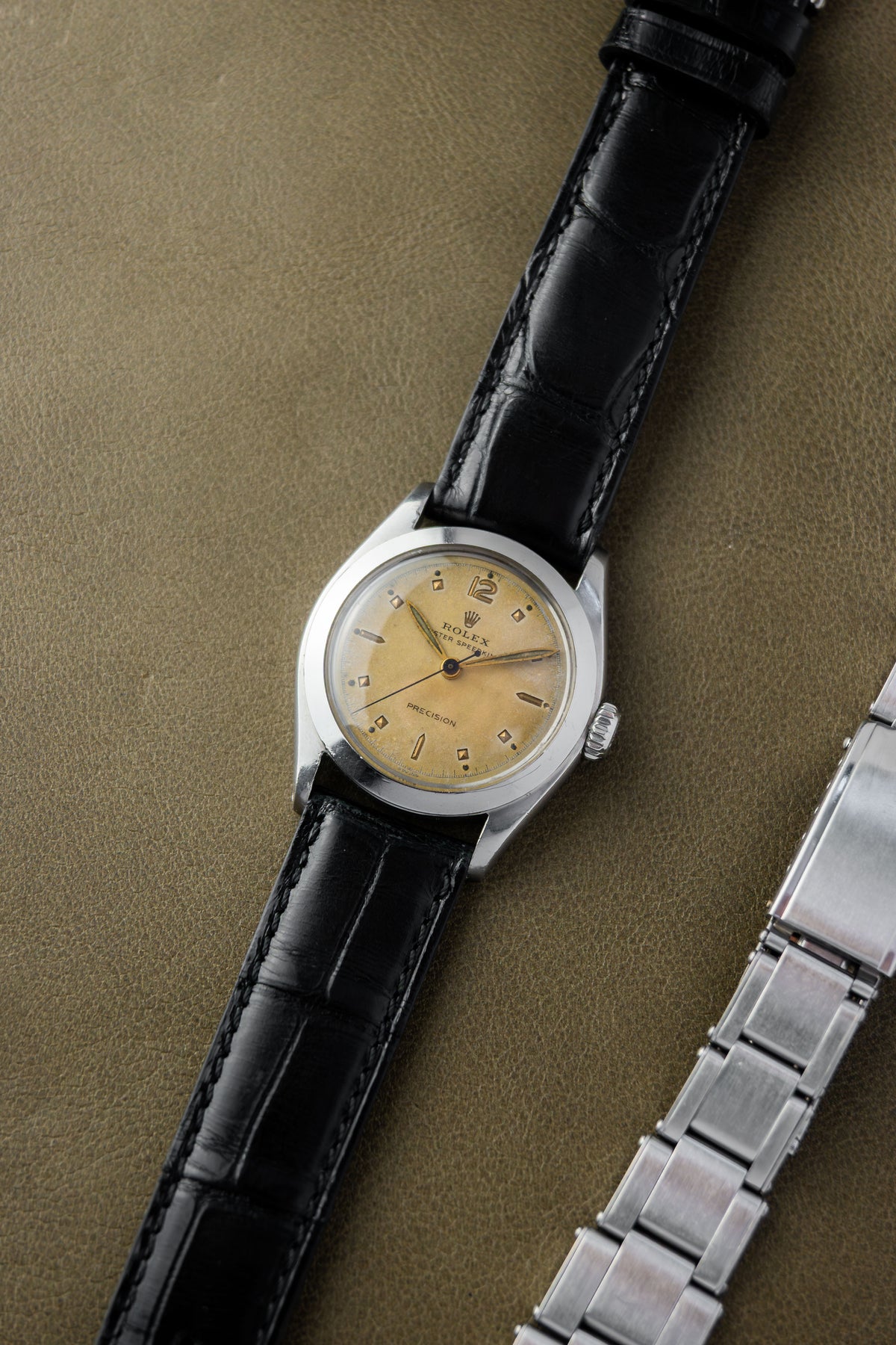 Rolex Oyster Speedking 30 Ref. 6020 | Black Leather Strap + Vintage RM Rivet Bracelet | Patina Swiss Dial | Sunken Hour Marks | 1952