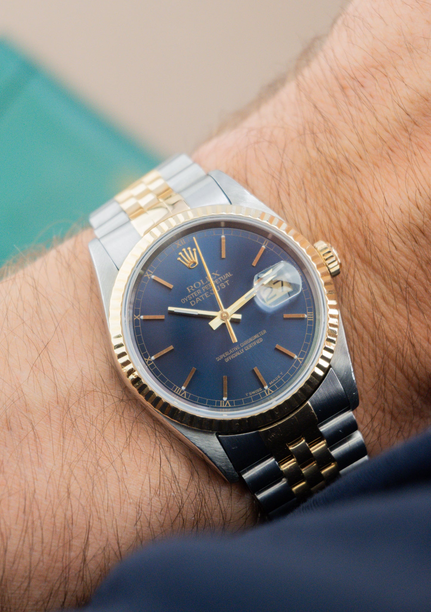 Rolex Oyster Perpetual Datejust 36 Ref. 16233 Blue Dial | 18K Gold Fluted Bezel Jubilee Bracelet