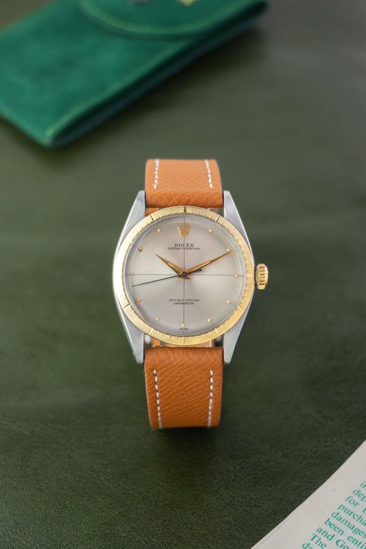 Rolex Oyster Perpetual Zephyr 34 Ref. 6582 | Crosshair Dial | 18K Yellow Gold Bezel | Leather Strap | Butterfly Movement Cal. 1030 |Sharp Condition